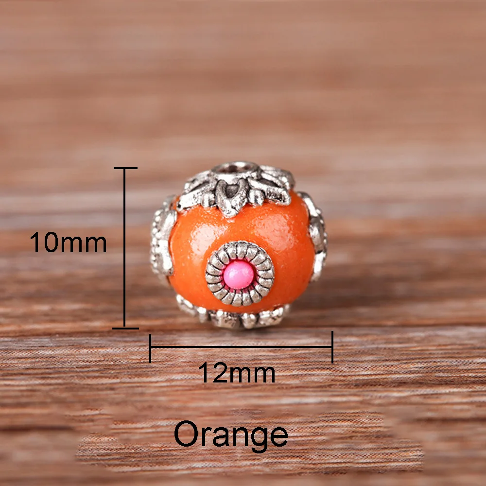 Orange Бусины ручной работы из сплава меди, 12 мм, круглые индийские, непальские, индонезийские, тибетские бусины в винтажном стиле для изготовления браслетов и других ювелирных украшений, модель 1177 - Цвет: Orange