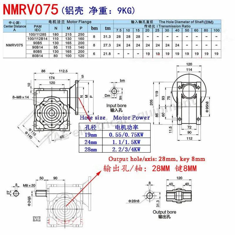 NMRV075 червячный редуктор 1:7. 5-1:100 Передаточное отношение 19 мм 24 мм 28 мм Входной вал 28 мм выходной вал червячная коробка передач 90 градусов Редуктор Скорости