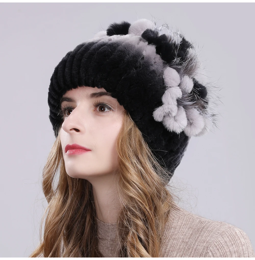 Новые русские Женские Настоящий мех кролика Skullies шапки Роскошные вязаные цветы натуральная шапка из меха кролика рекс зимние натуральный мех шапочки