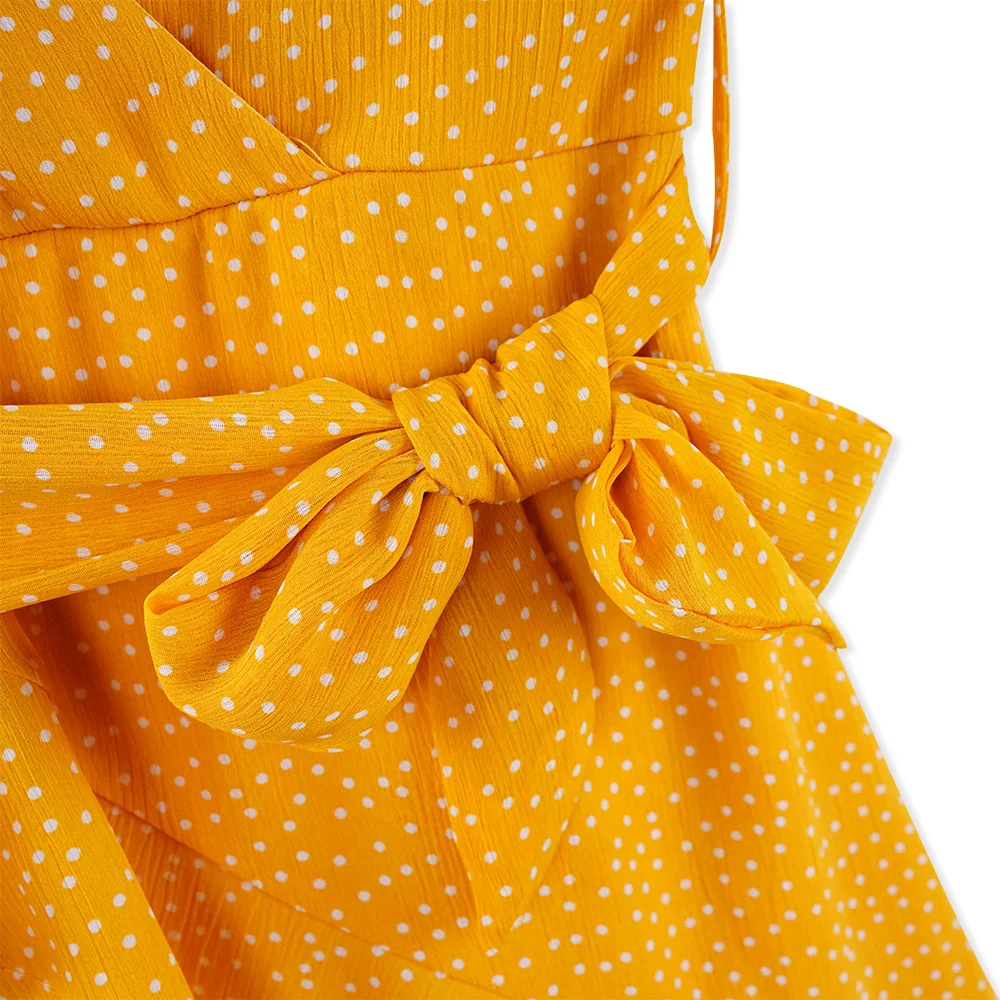 2019 Summer Fashion Dot Print A-line Dresses Women V-neck Sleeveless Sashes Ruffles Beach Style Casual Lady Chiffon Mini Dress | Женская