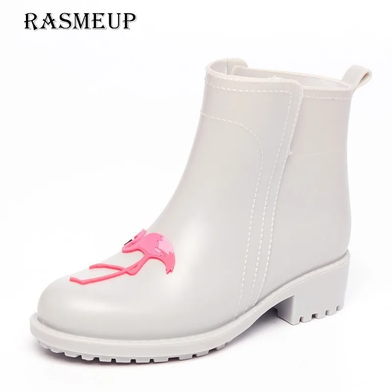 Резиновые сапоги RASMEUP женские из ПВХ с фламинго водонепроницаемые на каблуке