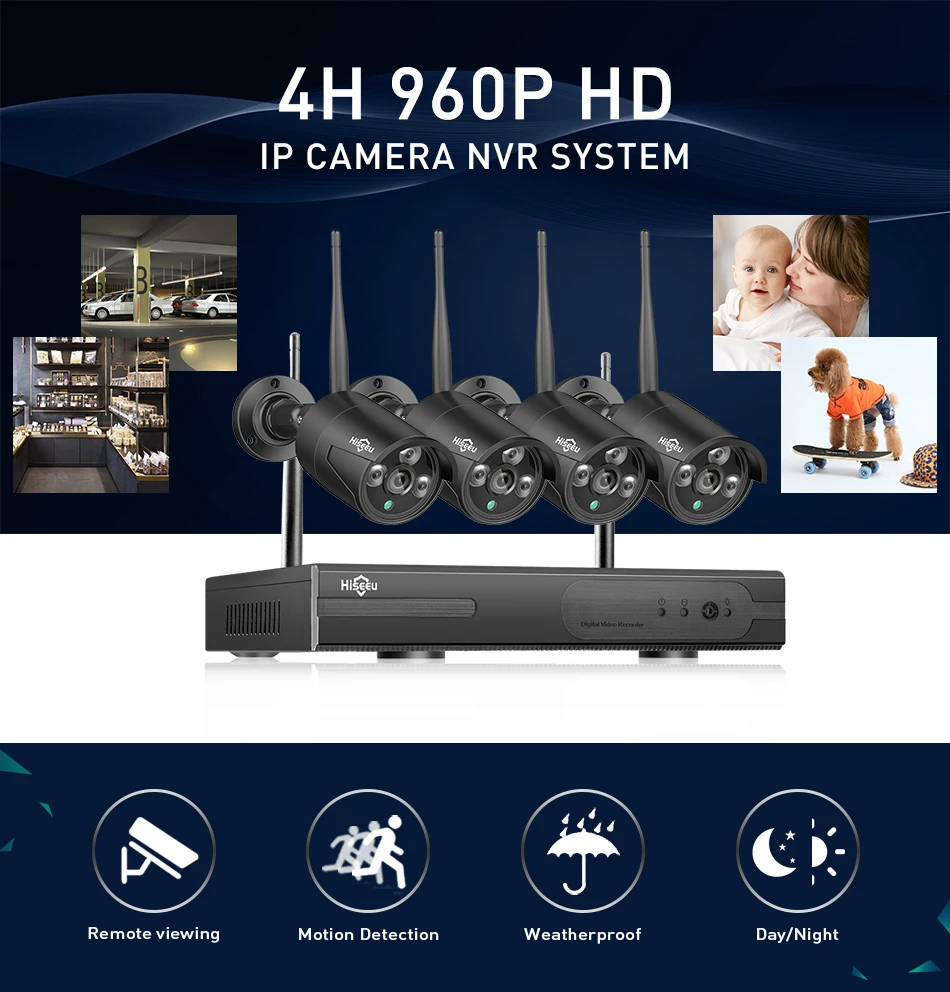 Hiseeu Беспроводной NVR 1080P HD наружная система камер домашней безопасности 4CH CCTV видео наблюдение NVR комплект 1080P Wifi камера комплект черный