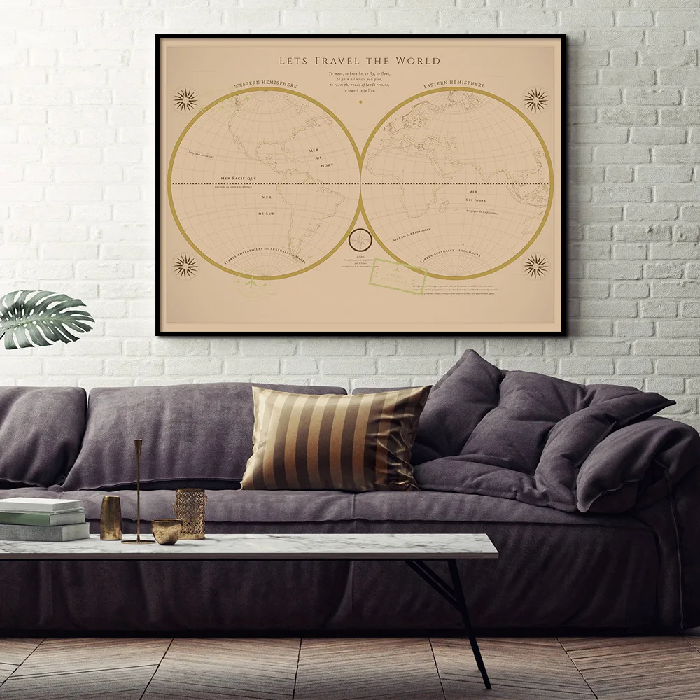 Большая винтажная карта мира офисные принадлежности настенная Картина на холсте