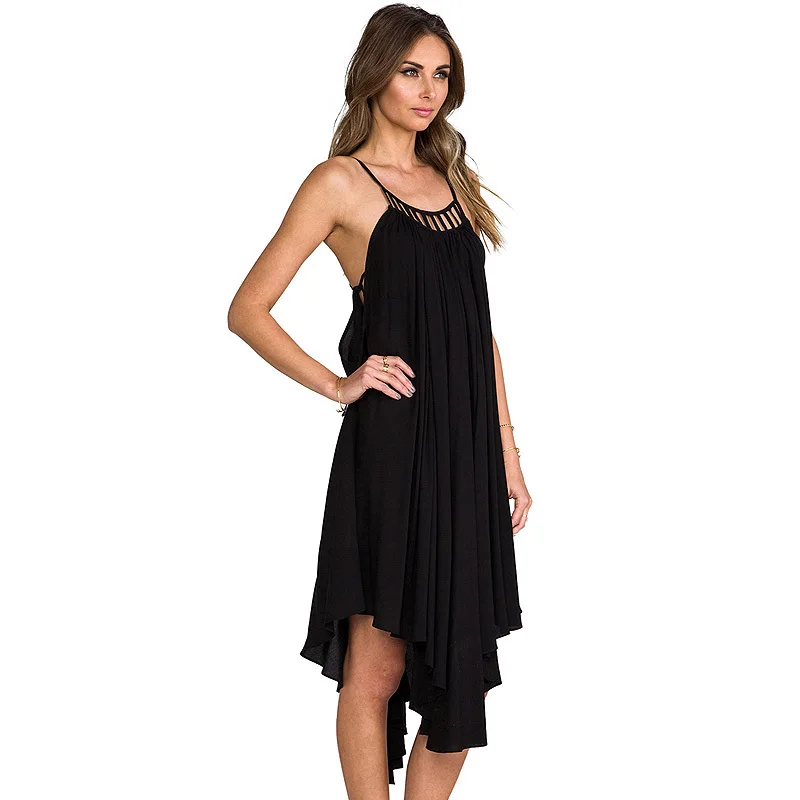 2015 New Black Sexy Chiffon Backless Straps Women Knee length Dress Summer Plus size Brand Irregular Asymmetric Dresses C379 | Женская