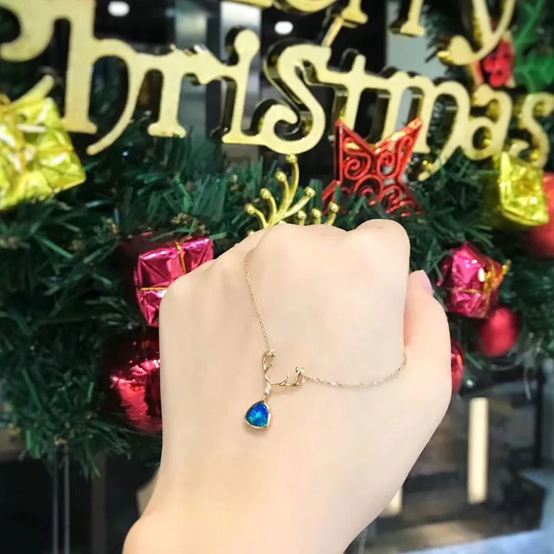 

ANI 18K Yellow Gold (AU750) Wedding Pendant Necklace Natural Opal Certificate Real Diamond Deer Antlers Women Chain Necklace