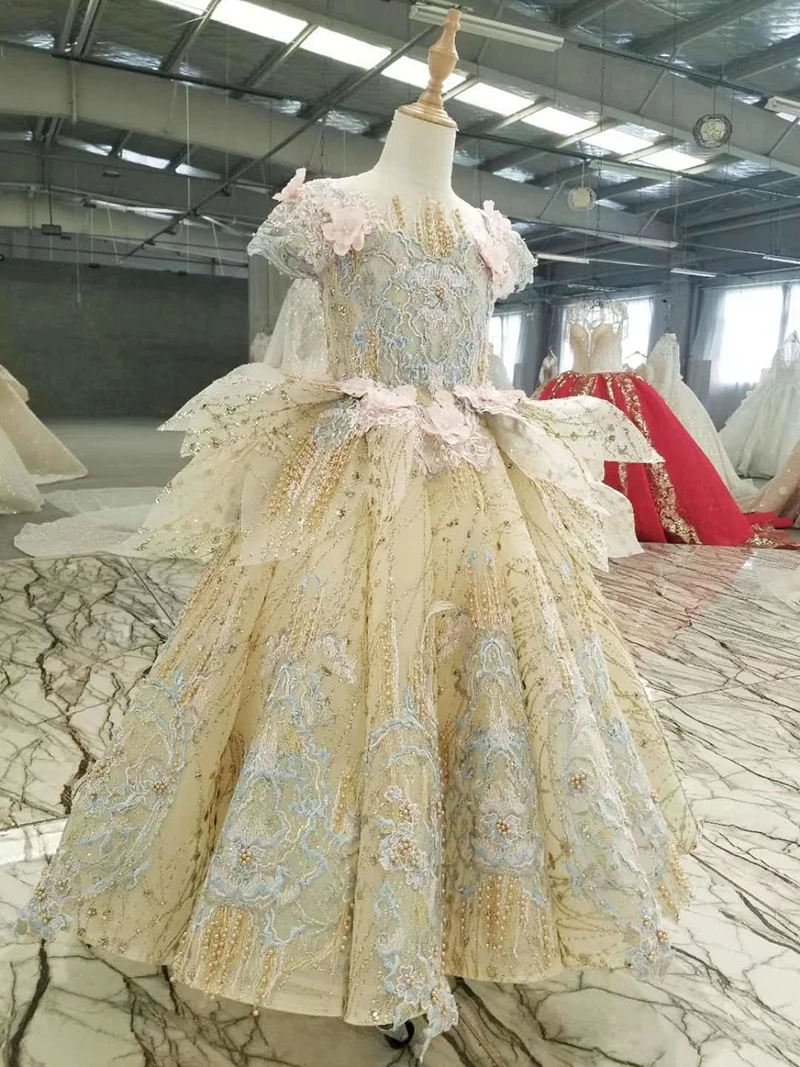 HTL0547 luxury communion dress golden bead ball gown for kids flower girls pageant dresses vestidos primera comunion ni as 2020 | Свадьбы и