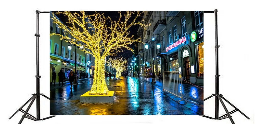Laeacco Town Gold Tree Street вечерние Square Night Scenic Photography фоны для фотографий Backdrops |