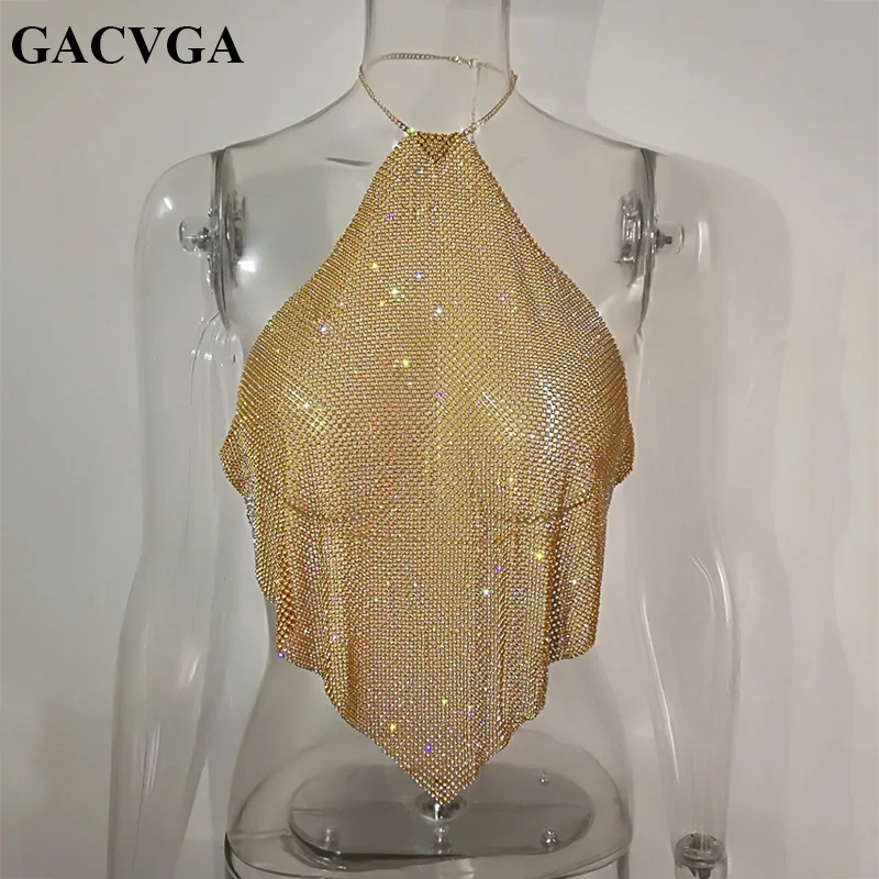 

GACVGA 2020 Sexy Crystal Diamond Crop Top Exotic Tank Top Backless Summer Beach Halter Camis Bralette Women Party Crop Tops