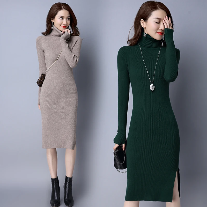 

Winter Autumn Women Dress Long Sleeve Sexy Party Black Knitted Dress Casual Bodycon Vestidos high collar Pullovers Sweater