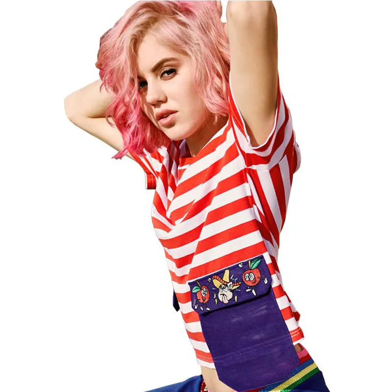 2017 новое прибытие женщины лето карманный лоскутная Контрастные цвета футболки