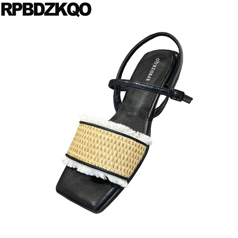 Women Pumps Roman Fringe Ladies Soft Slingback Chunky Open Toe Thick Black Low Heel Square Two Strap Sandals Embellished Shoes | Обувь