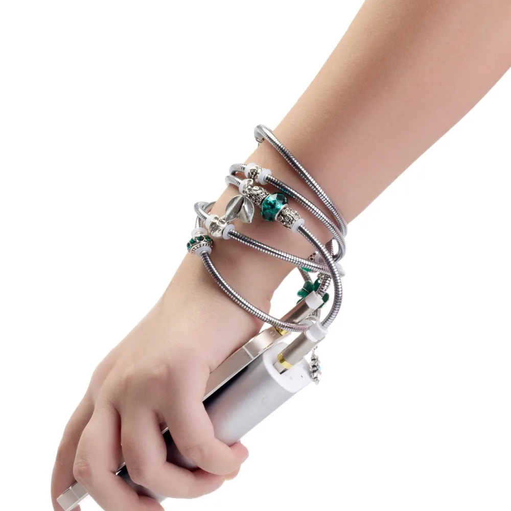 (Зеленый) пружинный USB-кабель для быстрой зарядки с инкрустацией стразами iPhone 8 7 6