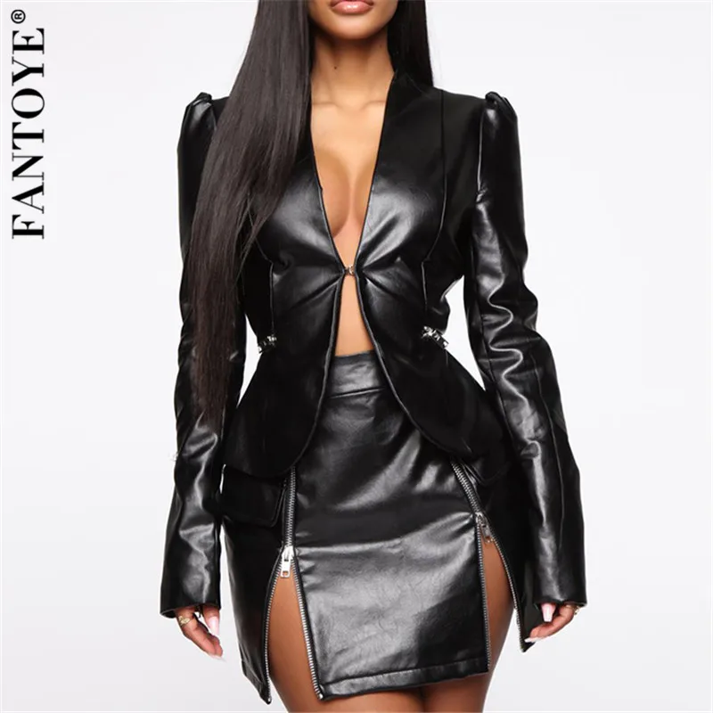 Женский костюм двойка Fantoye комплект из топа и юбки искусственной кожи с v образным