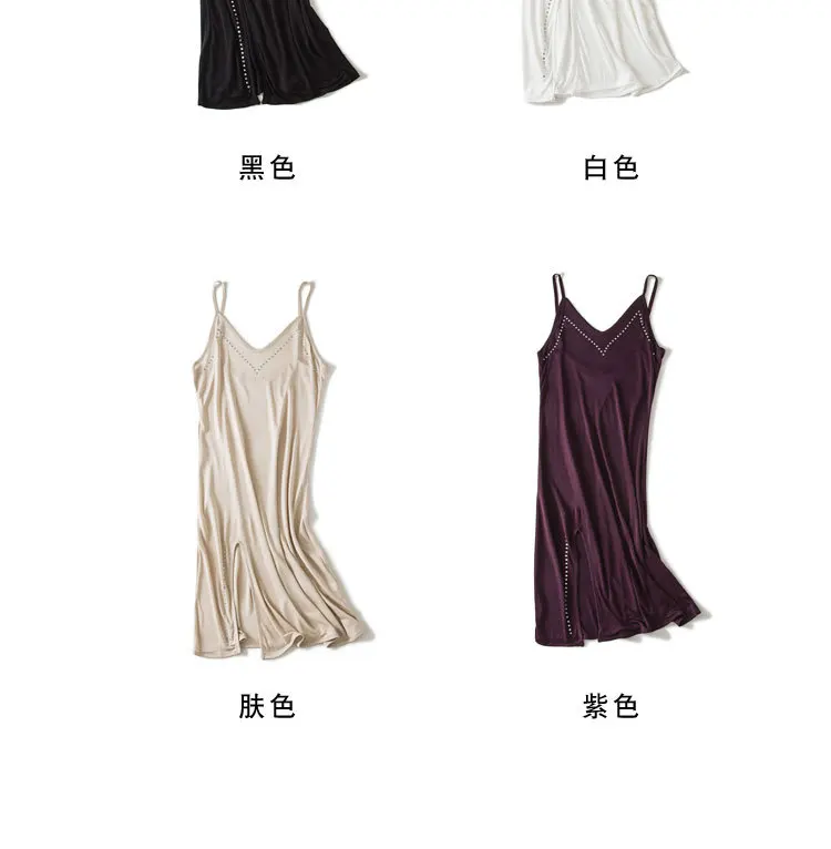 Women White Petticoat Short Slip Dress Plus Size Sexy Inner Slip Dress Silk Underdress Hot Drilling Thin Split Nightdress Summer