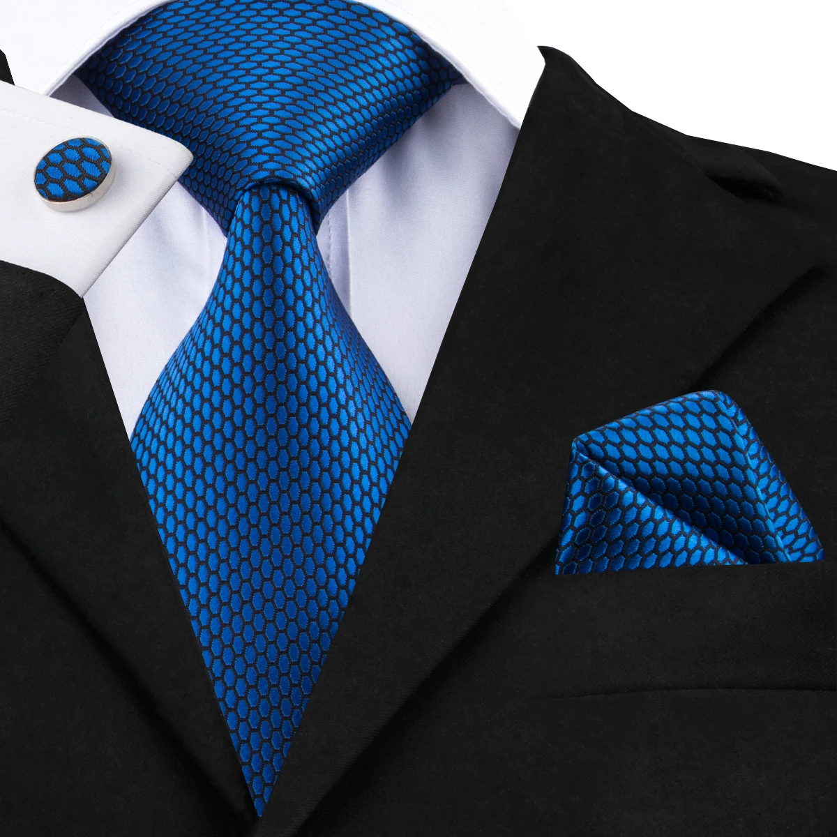 

Hi-Tie Popular Silk Novelty Ties Set for Men Business Formal Blue Men's Necktie 8.5cm Tie and Pocket Square Cufflinks C-1537