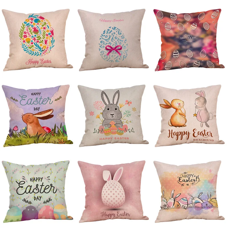 

2018 Happy Easter Cushion Cover Cotton Linen Rabbit Egg Pillowcases Theme Home Decorative Geometric Pillow Cover for Sofa Car