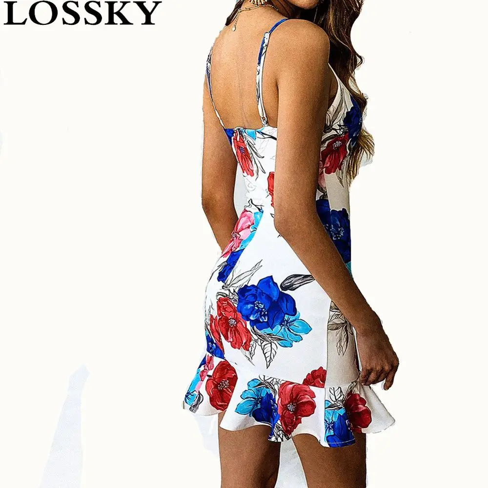 

New Floral Print Bodycon Strap Mini Dress Sexy Sleeveless Backless Ruffles Women Summer Boho Beach Party Dress Casual Slim Dress