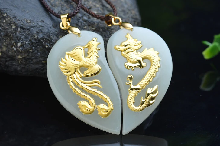 

100% натуральный Nephrite Hetian и подвеска с Фениксом из желтого золота 24 к