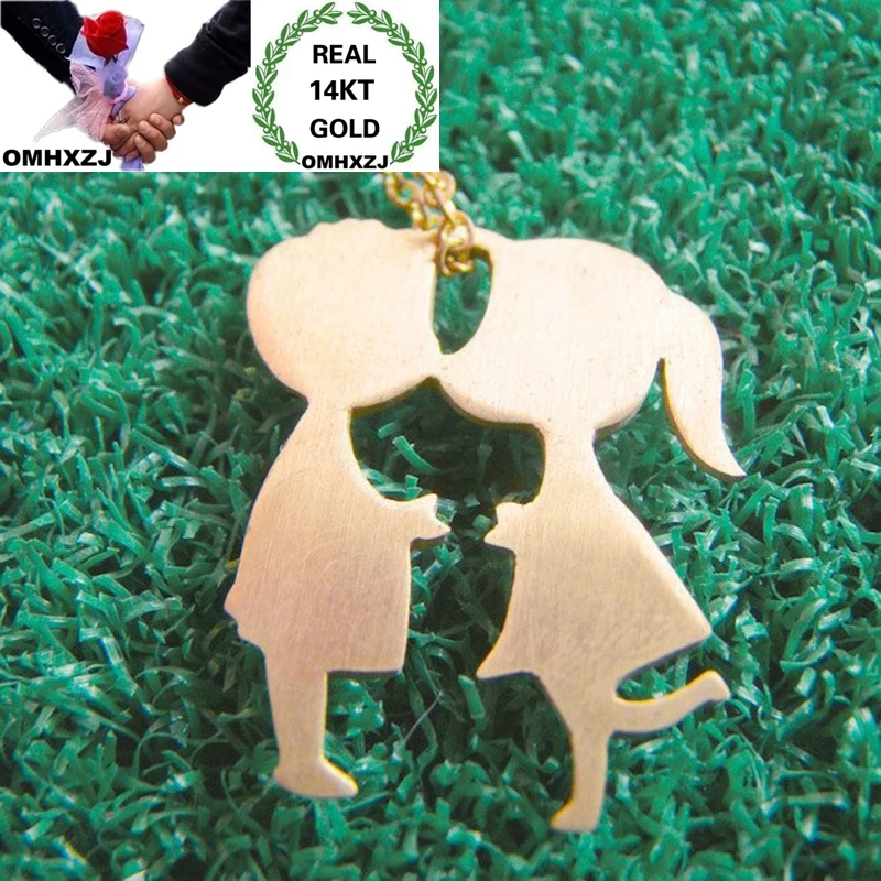 

OMHXZJ Wholesale European Fashion Hot Woman Girl Party Birthday Wedding Gift Boy Girl Kissing 14KT Gold Pendant Necklace NA277