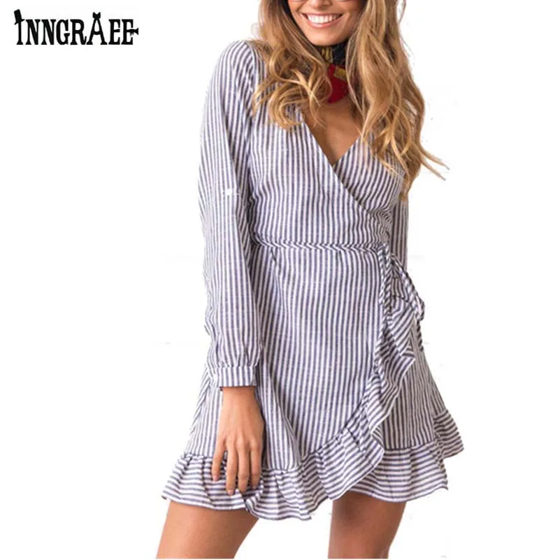 Мода 2017 г. Синий Полосатый Женщины платье футболка пикантные Нерегулярные