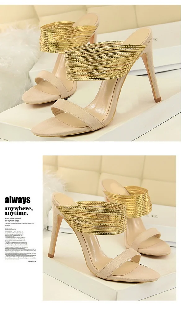 

Slippery High Heel Sandals Metal Narrow Strap Stiletto Slippery Open Toe Cut Out Summer Mules Concise Dress Fashion Euro Shoes