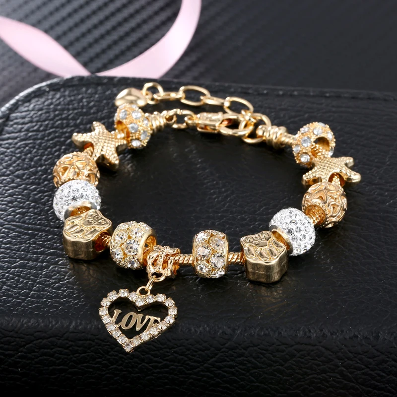 JKJ Silver Plated 925 Crown Beads Key Crystal Love Heart Charm Bracelet Fits Pendant For Women DIY Jewelry gifts | Украшения и
