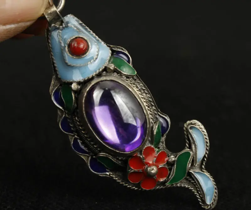 Старинная китайская старинная Нефритовая инкрустация CLOISONNE MIAO Серебряная ручная