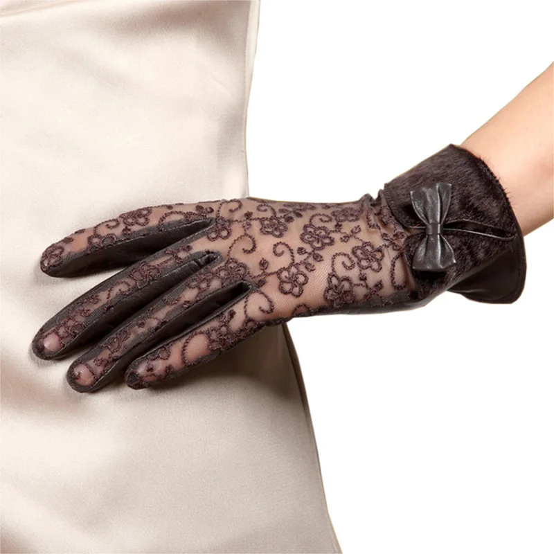 Women Genuine Leather Gloves Female Autumn Winter Plush Lined Lace Lambskin Leather Driving Gloves L156NC-1