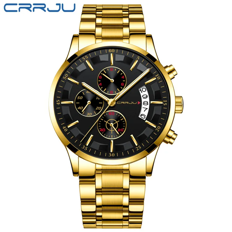 steel gold black Новая мода CRRJU Топ Бренд роскошные часы для мужчин бизнес повседневное нержавеющая сталь хронограф кварцевые наручные часы relojes hombre - Цвет: steel gold black
