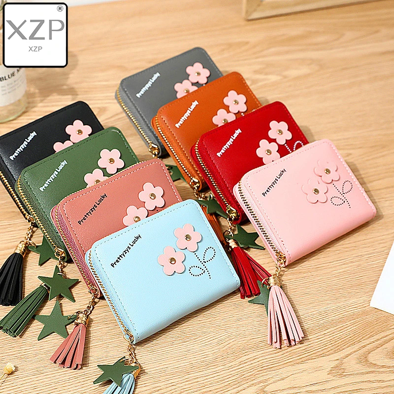 Кошелек XZP с кисточками женский маленький милый цветами короткий кожаный на