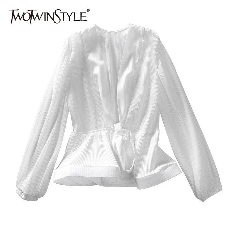 Женская шифоновая блузка TWOTWINSTYLE весенняя черная белая винтажная с V образным
