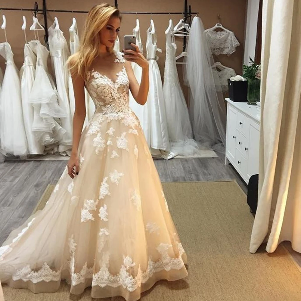 

New Design Top Illusion Romantic Lace Applique Wedding Dresses Gorgeous Popular vestido de festa Long Champagne Bridal Gown