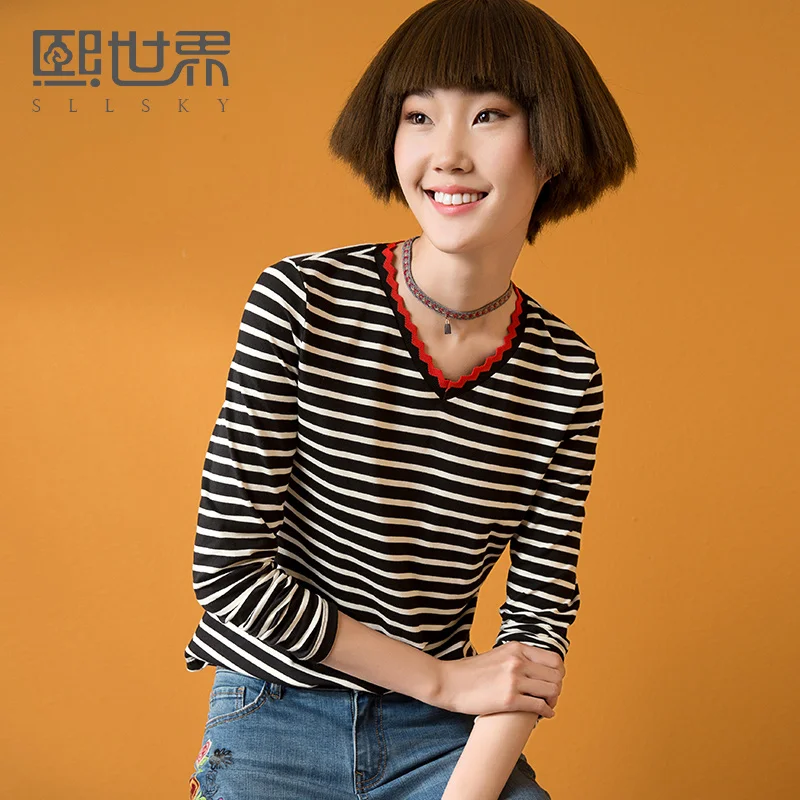 Sllsky осень 2017 г. новый полосатый футболка Для женщин хлопок v-образным вырезом