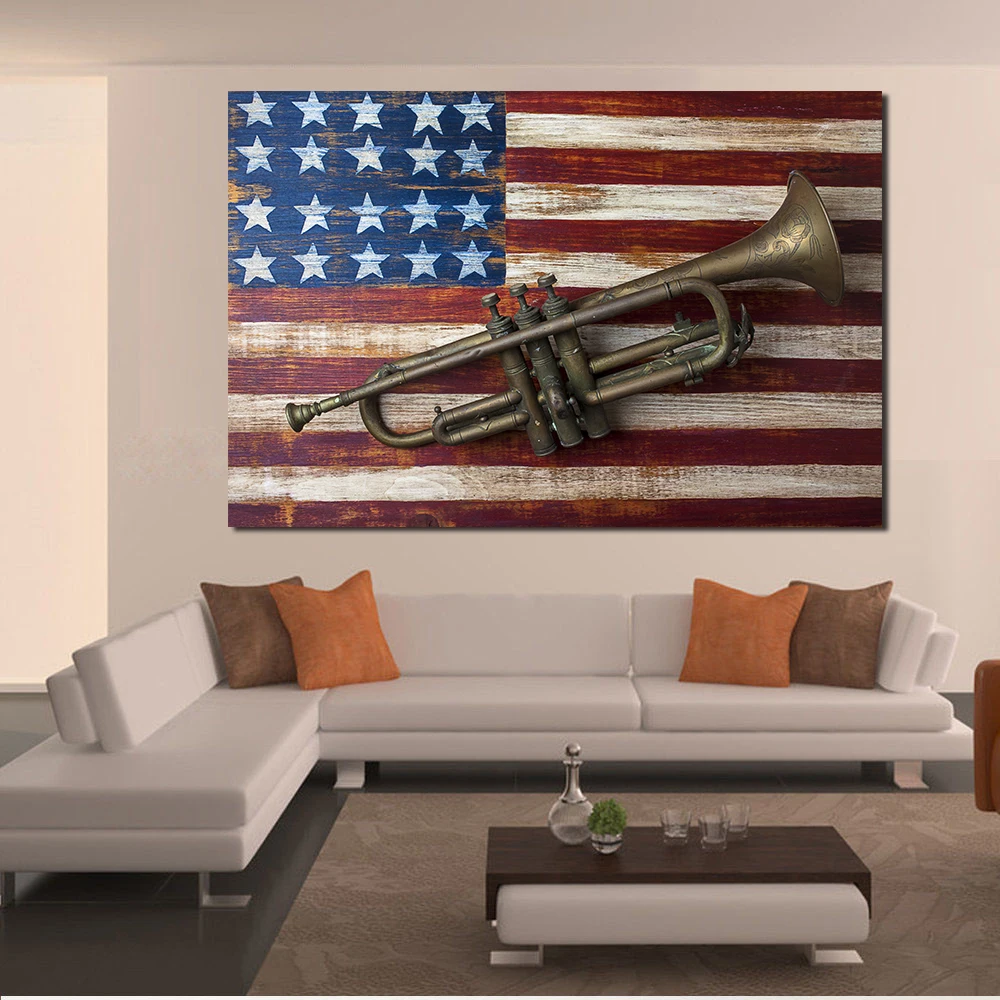 JQHYART Canvas Wall Art Old Trumpet On American Flag Photograph Painting Pictures For Living Room Home Decor No Frame | Дом и сад
