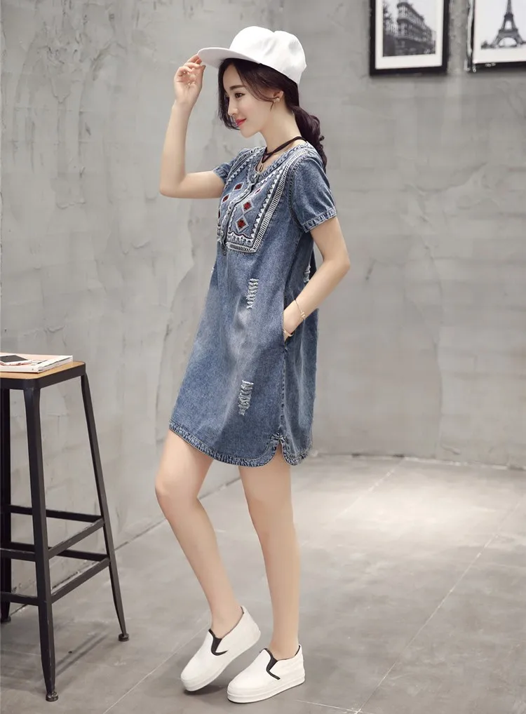 2019 платье из джинсовой ткани с вышивкой в винтажном стиле Мягкие повседневное