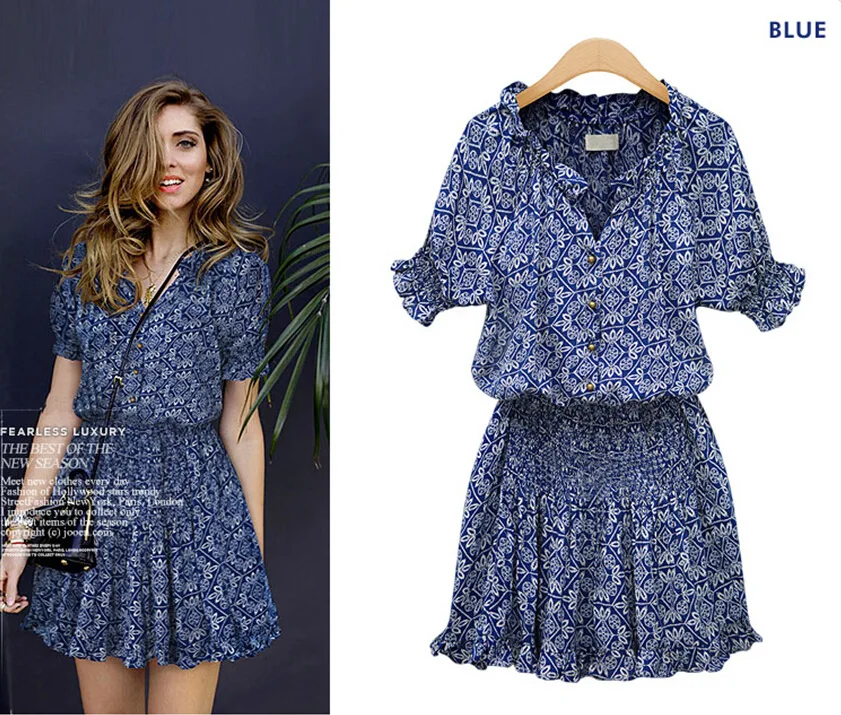 

New short-sleeved printed cotton casual wild V-neck dress