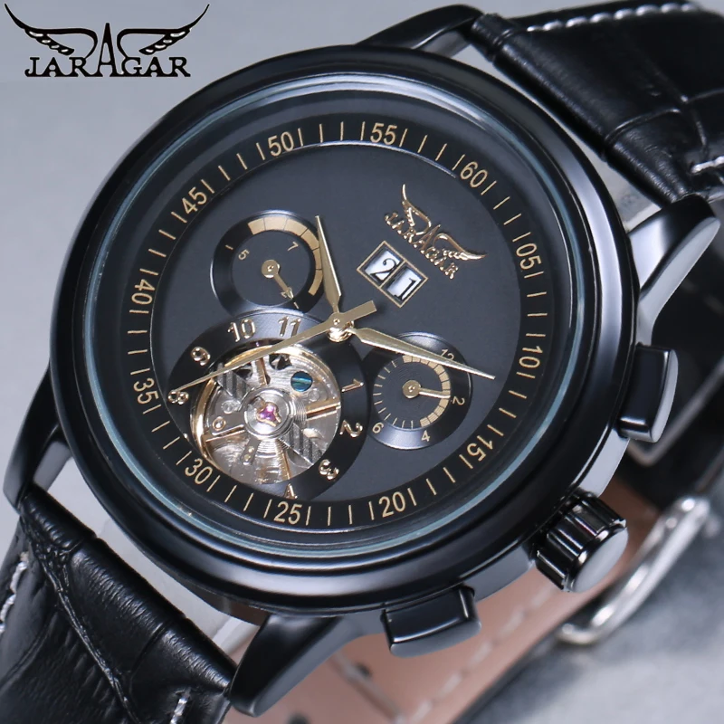 JARAGAR Skeleton Tourbillon Mechanical Watch Men Automatic Classic Rose Gold Leather Wrist Watches Reloj Hombre 2018 | Наручные часы
