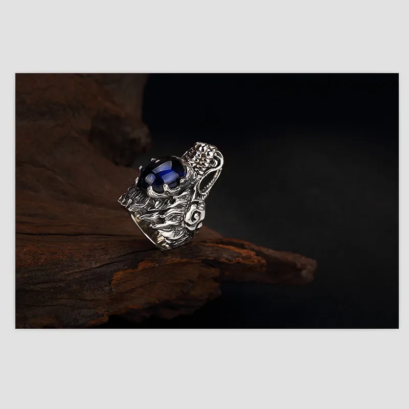 Uglyless Real S 925 Sterling Silver Natural Blue Chalcedony Men Rings Handmade Engraved Dragon Finger Ring Ancient Totem Jewelry | Украшения