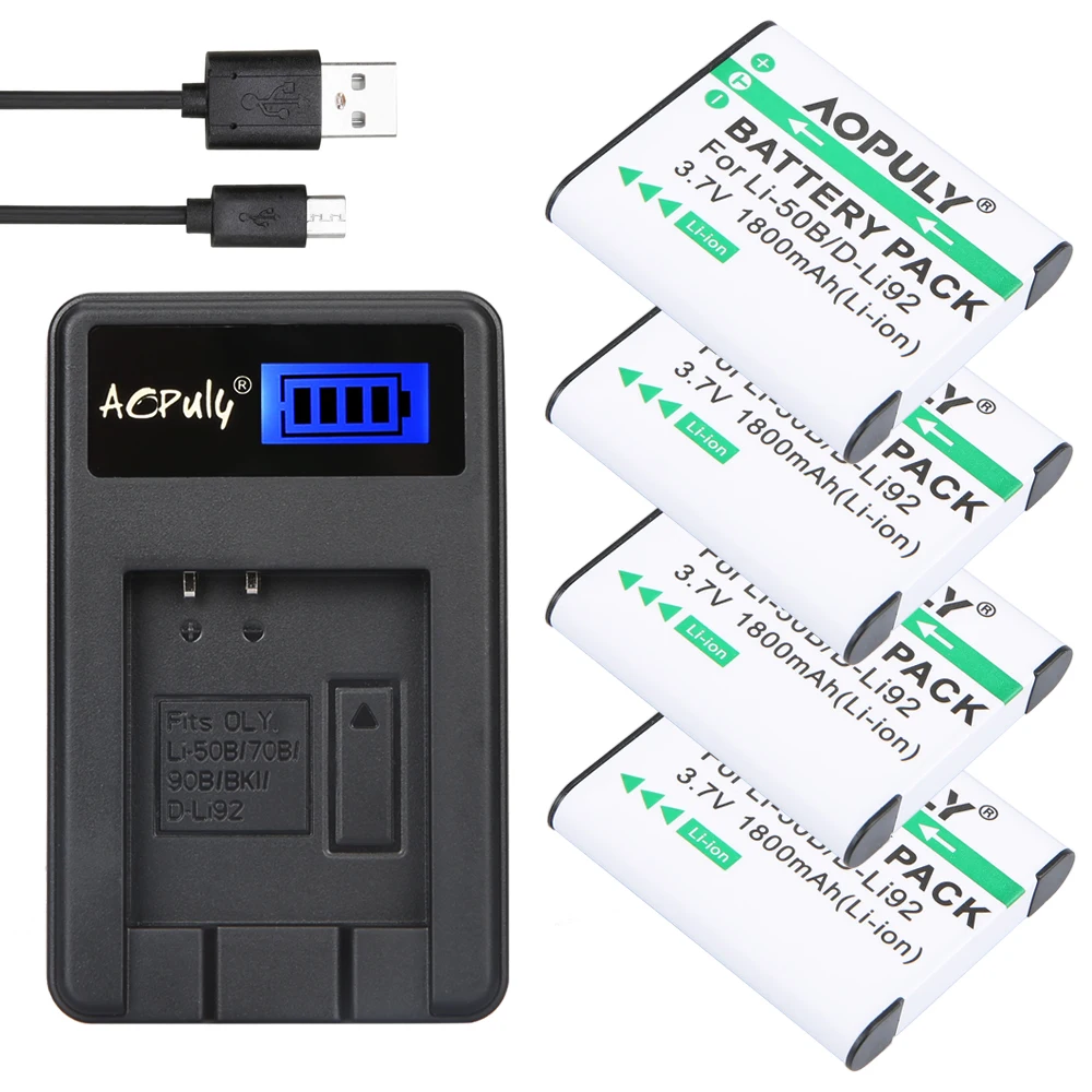 

AOPULY 4pcs 1800mAh Li-50B D-LI92 Li 50B D LI92 Li-ion camera Battery + LCD USB Charger For Olympus 1020 1010 1030 Pentax X70