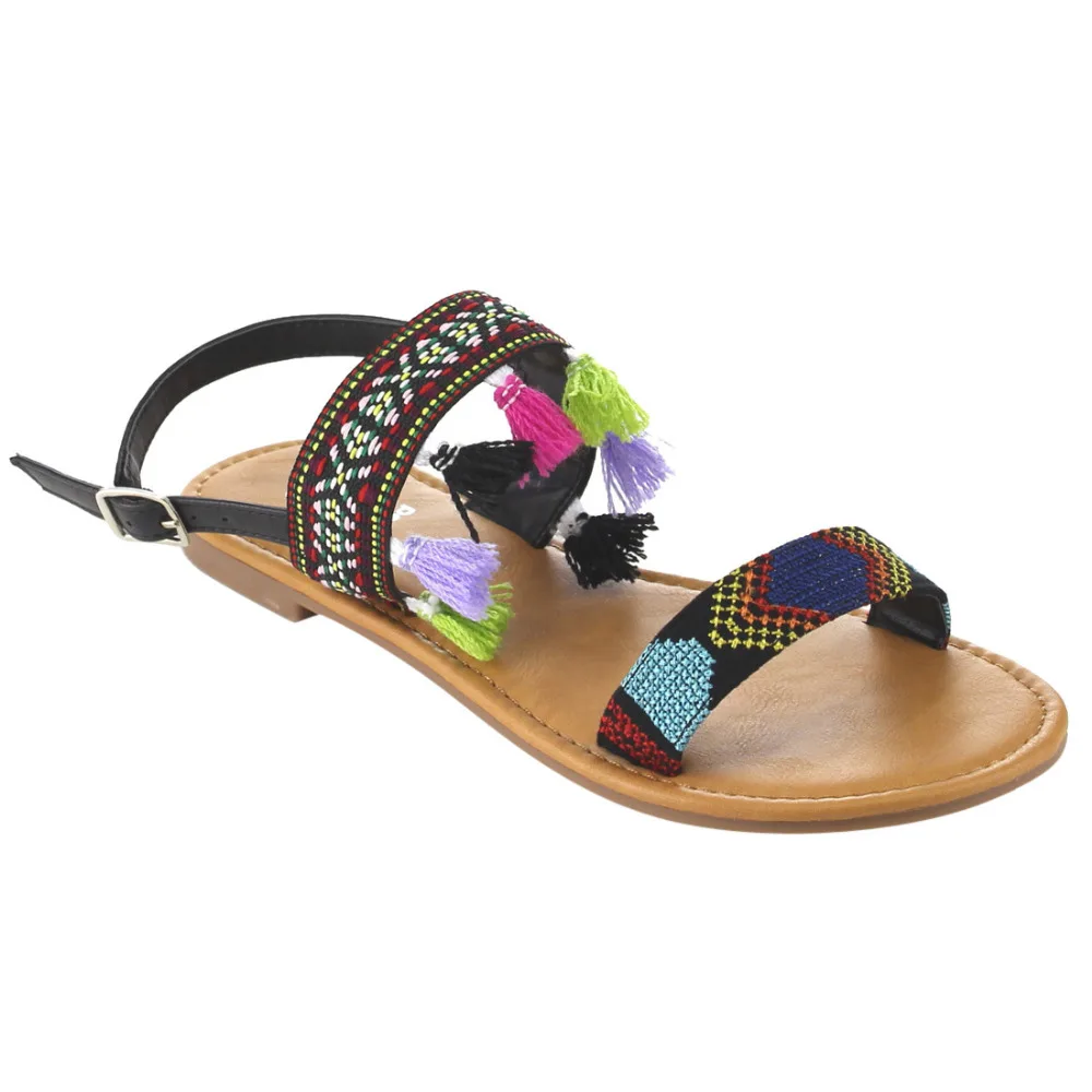 Fh97 женская обувь double вышитые полосы кисточки плоские сандалии | Обувь