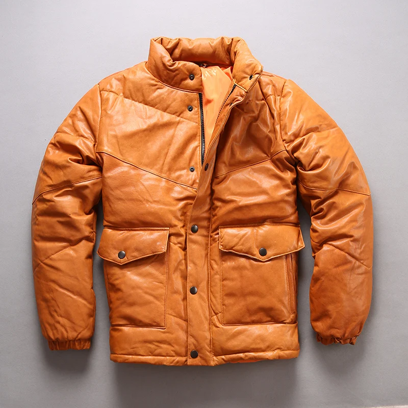Мужской кожаный пуховик с воротником стойкой куртка из козьей кожи на утином