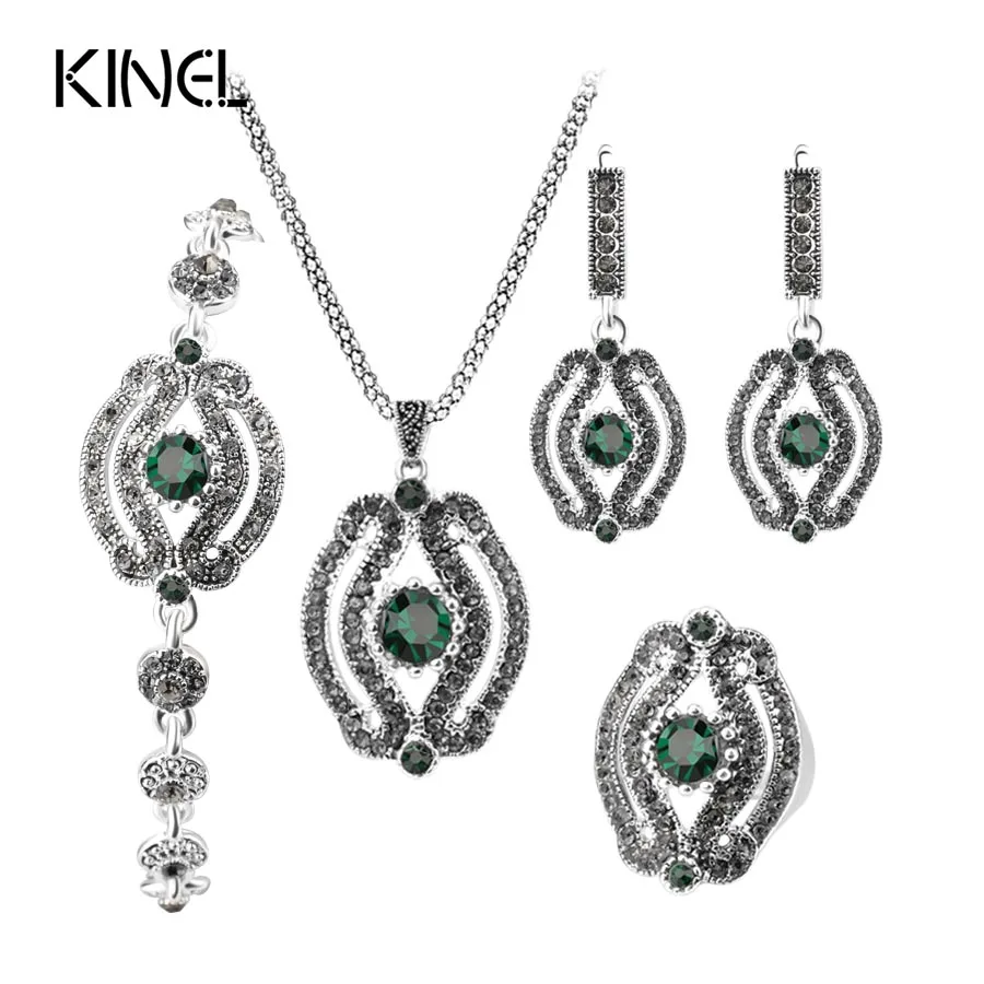 

4 Pcs/lot Hot Vintage Wedding Jewelry Sets Gray Crystal Necklace Earrings Bracelet And Rings For Women Party Accessories