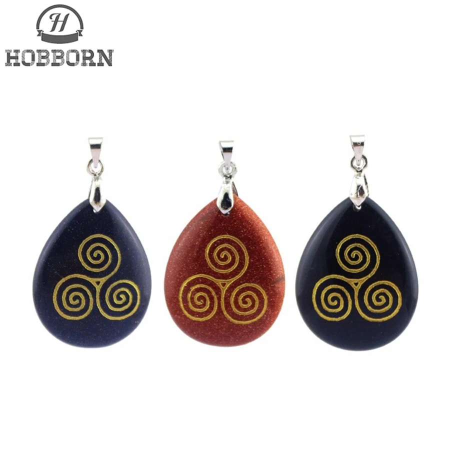 Мужское ожерелье в форме капли волка HOBBORN из обсидиана с натуральным камнем Triskele