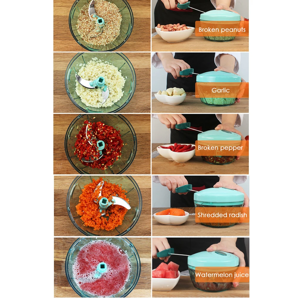 Ручной кухонный процессор с ручкой для резки овощей, дробилкой, измельчителем, мясорубкой, блендером и аксессуарами для кухни.