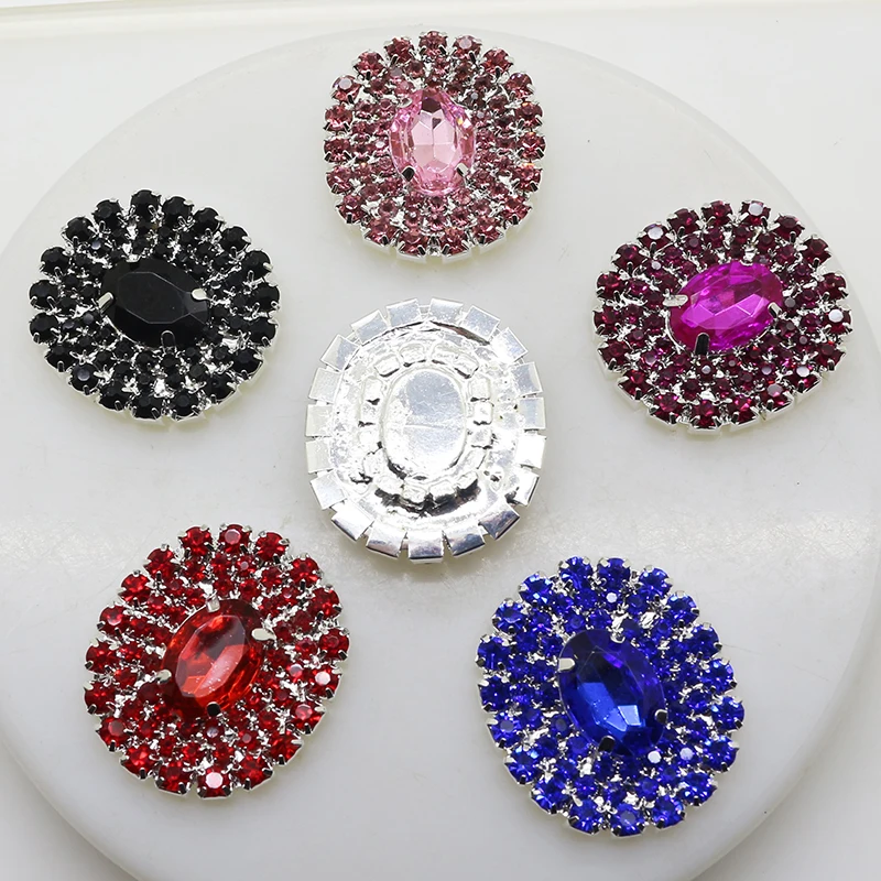 5pcs/Lot 30mm*26mm Colorful Full Rhinestone Buttons for Clothing Craft Wedding Card Decoration Metal DIY Jewelry Accessories