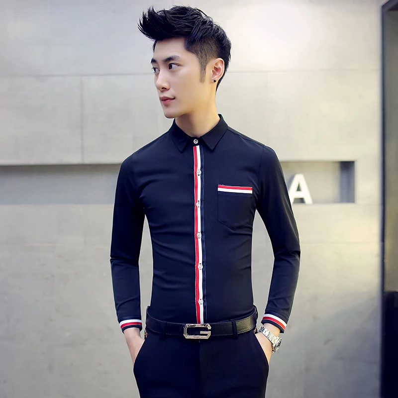 2017 Весна Осень новая мужская рубашка эластичная пуговица с длинным рукавом