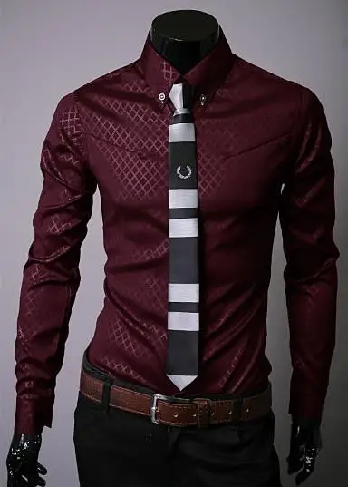 Camisa masculina, мужская повседневная рубашка с длинным рукавом и принтом, приталенные мужские рубашки, camisa social masculina - Цвет: Red