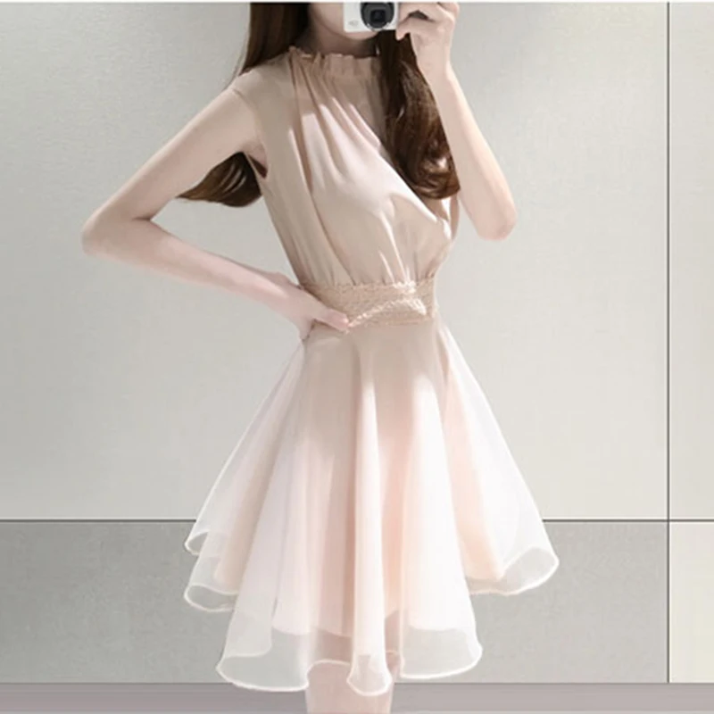 

Chiffon Slim Dresses Ladies Elegant Sleeveless O-neck Party Dress Summer Sweet Pleated Solid Mini Black Color Dress RE0650