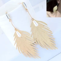 fashion metal sweet leaf feather pearl elegant temperament personality earrings leisure summer