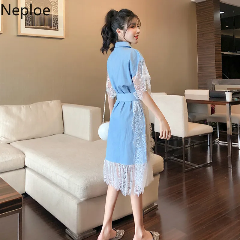 Neploe/кружевное лоскутное джинсовое платье Лето 2019 с отложным воротником
